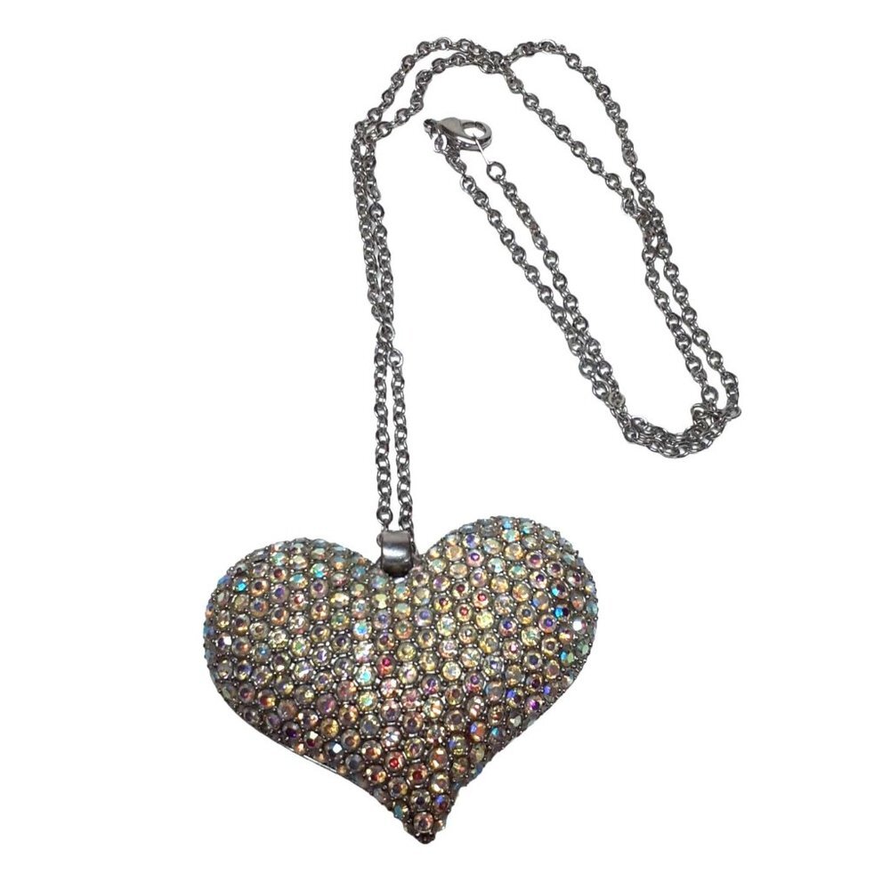 Necklace Rhinestone 3" Pave Heart Long Silver-Tone Chain Cage Back Valentines - Picture 2 of 8
